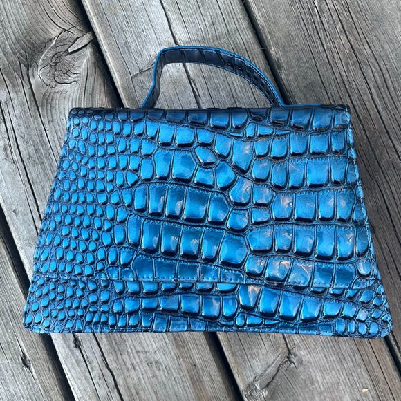 Vintage Blue Croc Embossed Handbag Structured Top Handle Retro Statement - Picture 1 of 5